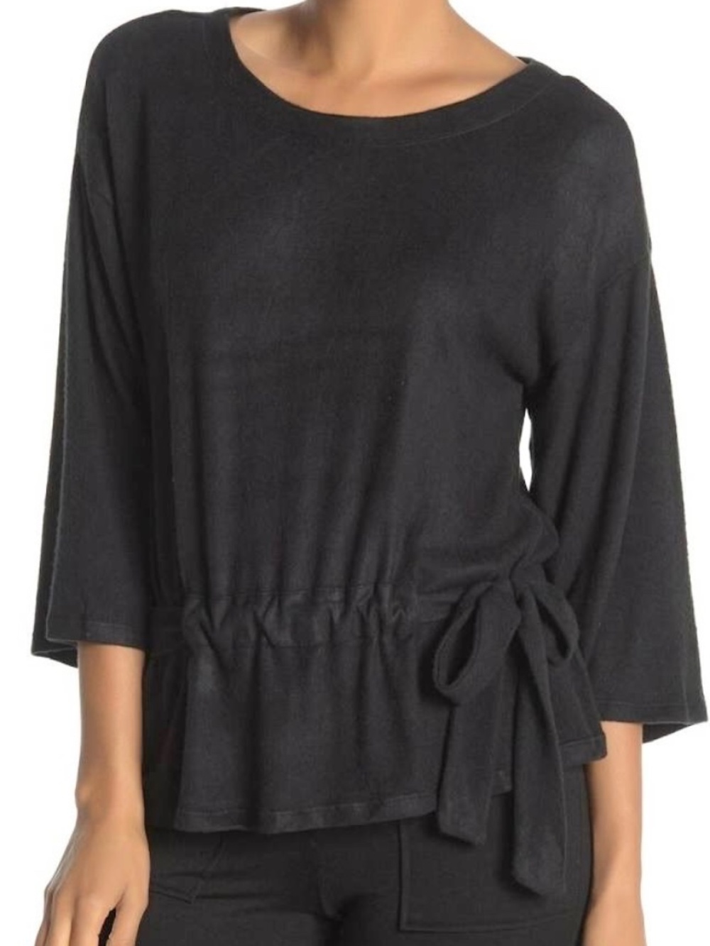 Bobeau Black Knit Drawstring Waist Tie Cozy Top